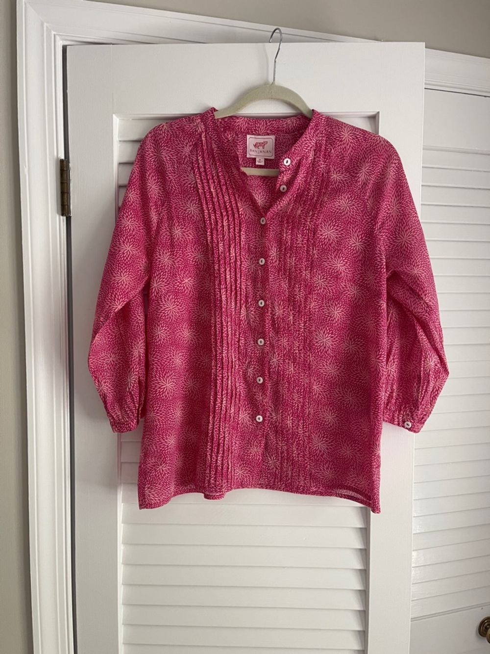 Banjanan Pink Printed Button-Front Pintuck Blouse